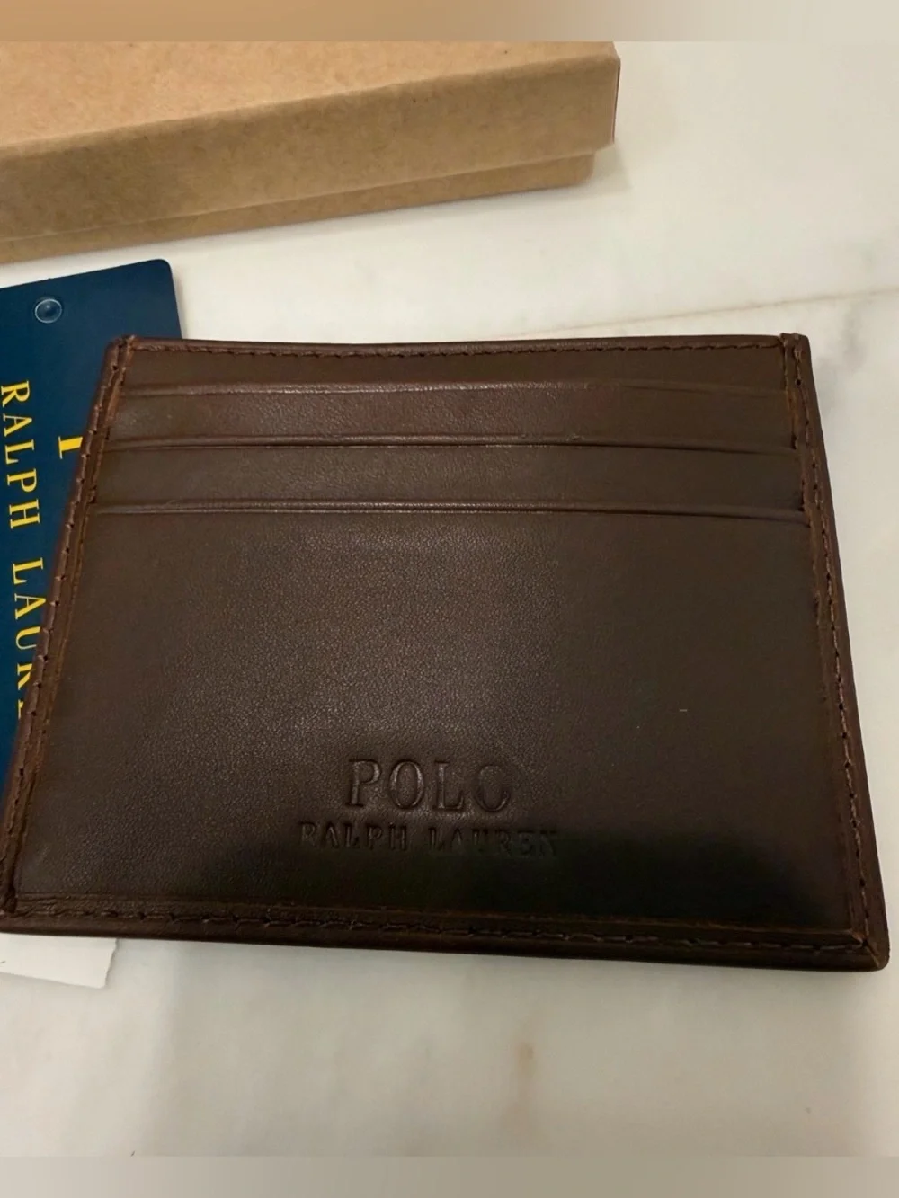 NEW Polo Ralph Lauren COASTAL BEAR Leather Slim Card Case Wallet - BROWN